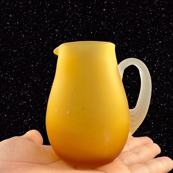 Hand Blown Art Glass Pitcher Creamer Amber Yellow Frosted W Clear Swirl Handle - Picture 11 of 12
